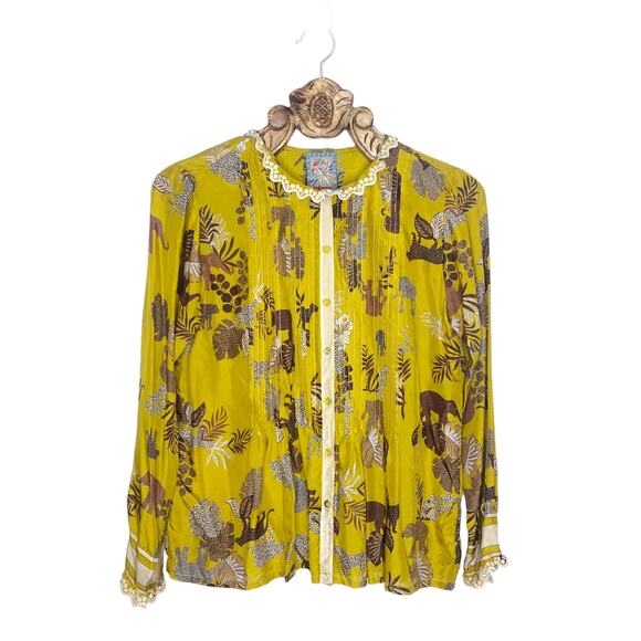 Johnny Was Top Taly Evette Silk Blouse Yellow Safari High Neck Ruffle Small - Picture 1 of 7